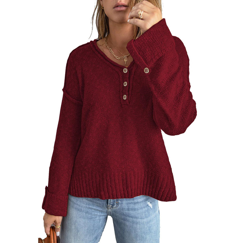 Women's Autumn and Winter Fashion New Loose Button Knitted off-Shoulder Sweater Women