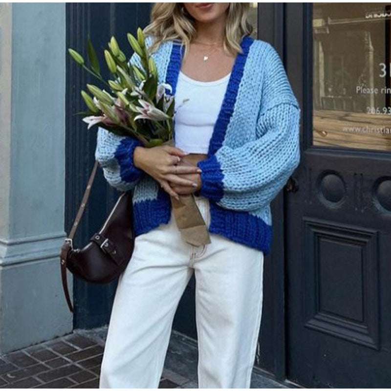 women’s fashion New Color Matching Knitted Long-Sleeved Cardigan Fashion Women's Loose Casual Sweater Coat