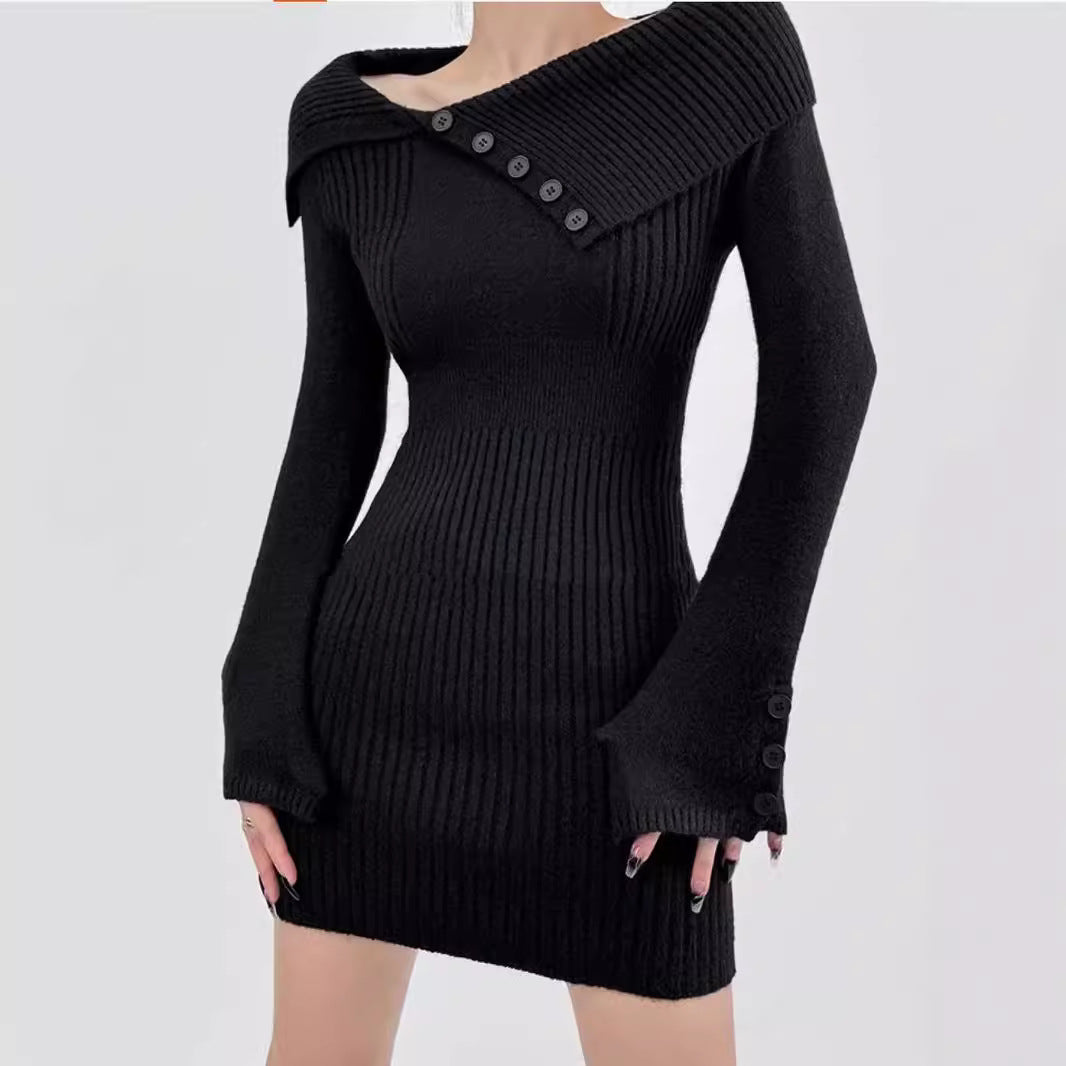 winter outfits women Sexy off-Shoulder Lapel Knitted Dress Autumn and Winter Women's Sweater Slim Hip Skirt