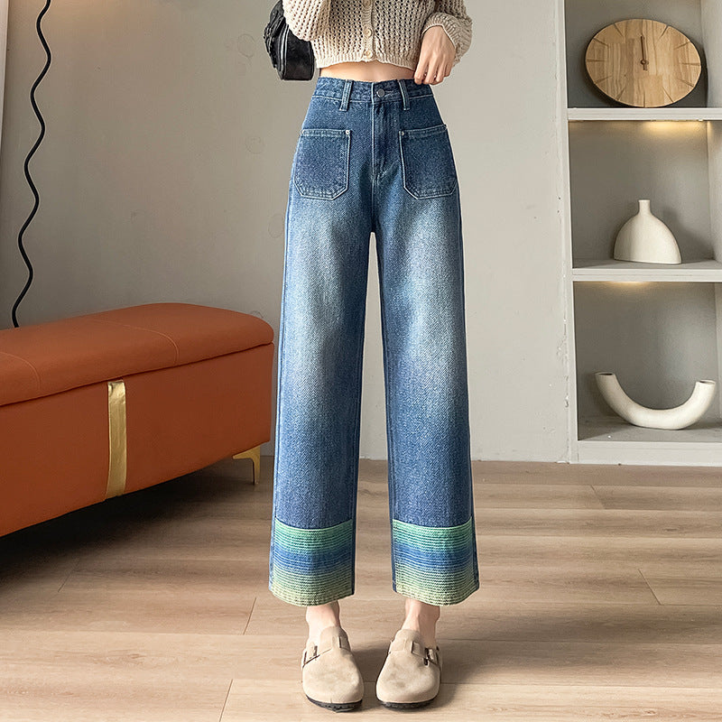 2000s fashion Women's Wide-Leg Jeans Fall New High Waist Versatile Slimming Loose Contrast Color Cropped Straight Pants