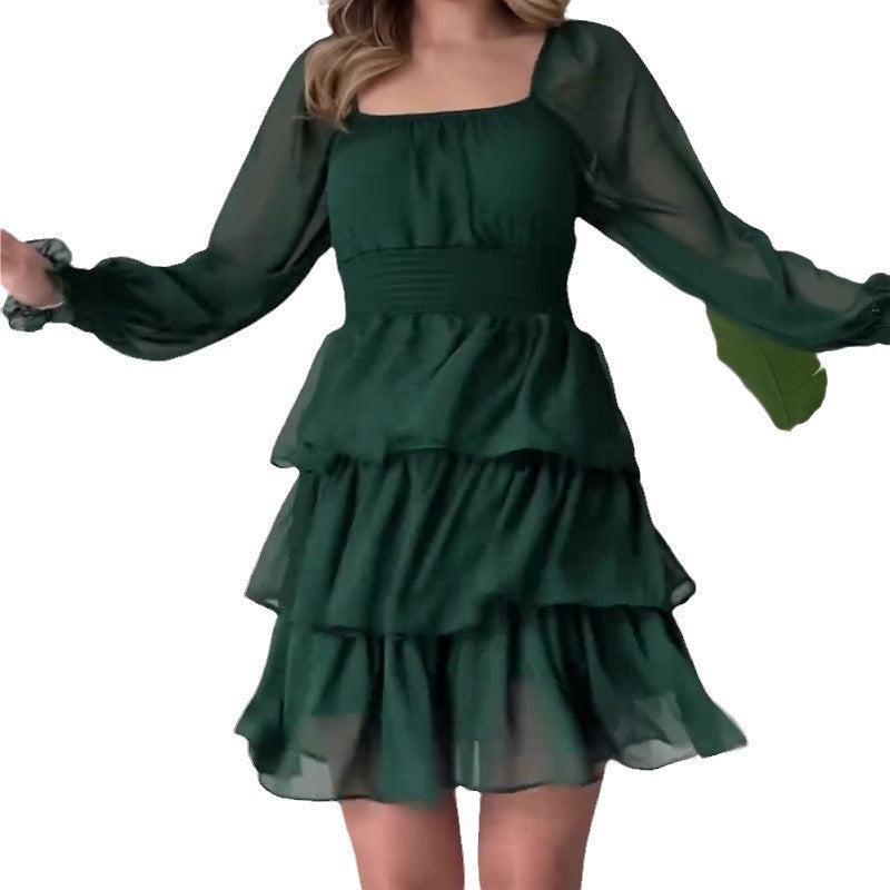 leapord halloween outfit Fall French Retro Square Collar Slim-Fit Long Sleeve Cake Dress