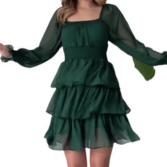 leapord halloween outfit Fall French Retro Square Collar Slim-Fit Long Sleeve Cake Dress