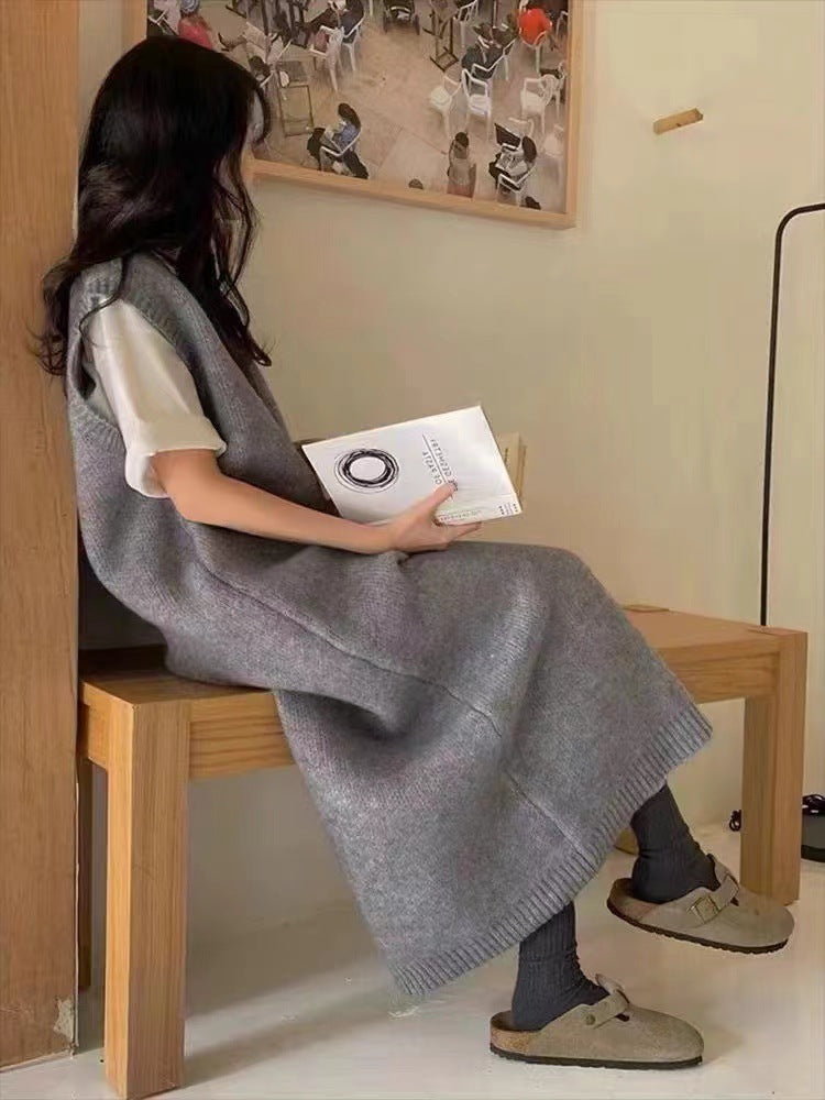 dress to impress outfits V-neck Long Vest Sleeveless Sweater Dress Women's Autumn and Winter Loose Belly Covering Temperament Mid-Length Knitted Skirt