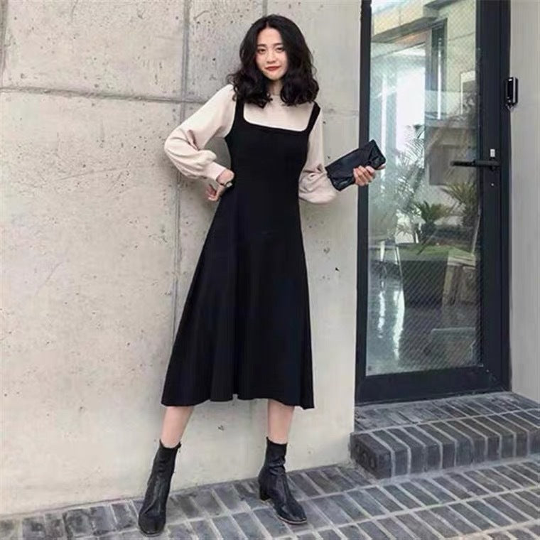 church outfit Autumn and Winter New Korean Gentle Style Fake Two-Piece Temperament Slimming Inner Base Strap Knitted Dress