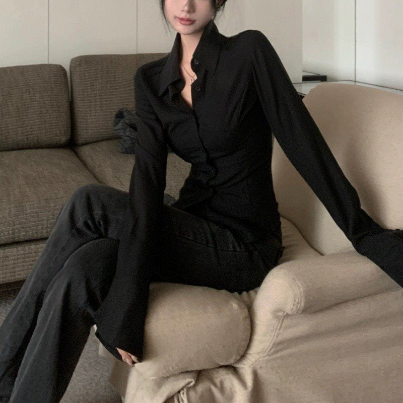 streetwear outfits Hot Girl Chic Bell Sleeve Lace-up Shirt Women's Autumn Black Shirt Tight Waist French Tight Waist Top