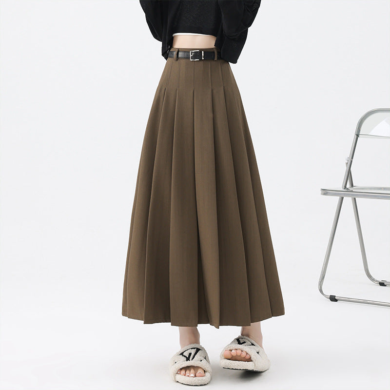 outfit ideas Skirt Women's Autumn and Winter High Waist Slimming Pleated Skirt Belt Large Swing High Waist Suit Elegant Fashion Mid-Length Skirt