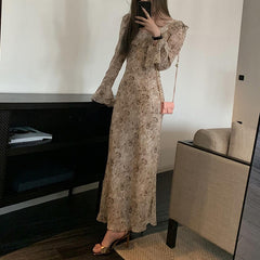 dresses French Retro Floral Chiffon Dress Women's Summer Slimming Ruffled Bell Sleeve Long Dress