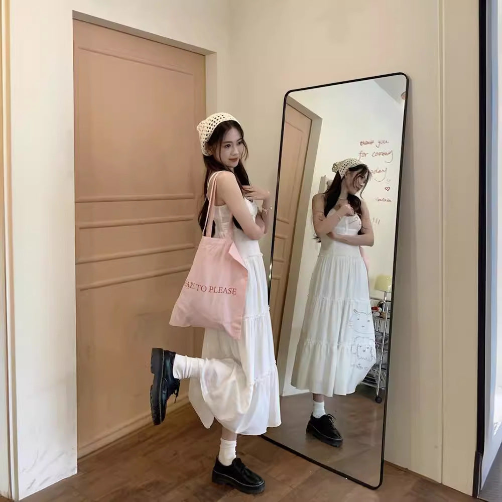 church outfit Pink Strap Dress Women's Summer New Tight Waist Skirt Small French Gentle Style A- line Dress Long Skirt