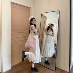 church outfit Pink Strap Dress Women's Summer New Tight Waist Skirt Small French Gentle Style A- line Dress Long Skirt