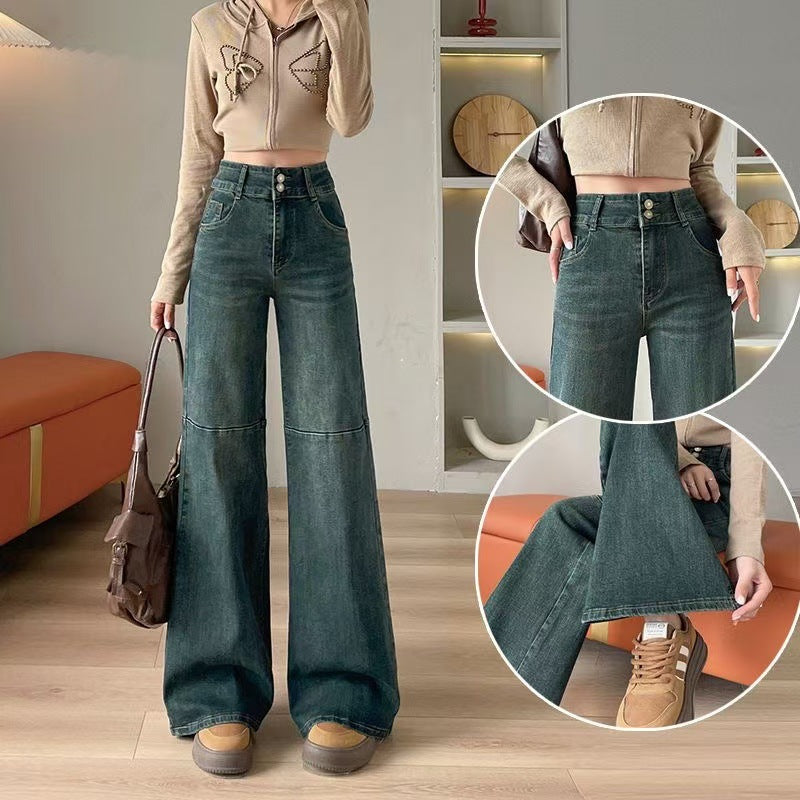 2000s fashion High Waist Narrow Wide-Leg Jeans Women's Autumn New Loose Slimming Flared Pants without Leg Sticking