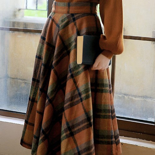 fall outfits women aesthetic Half Turtleneck Brown Lantern Long Sleeve Sweater + Plaid Woolen Skirt Suit Retro Two-Piece Set