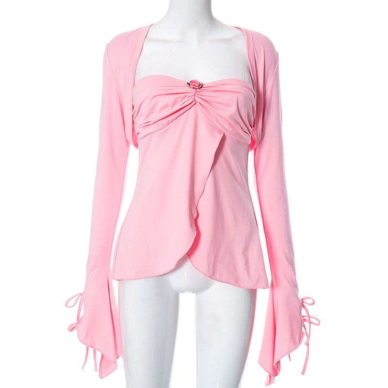 princess costume ideas Women's Autumn and Winter Wrapped Chest Long Sleeve Shawl Pleated Ruffled Short Skirt Casual Suit Women