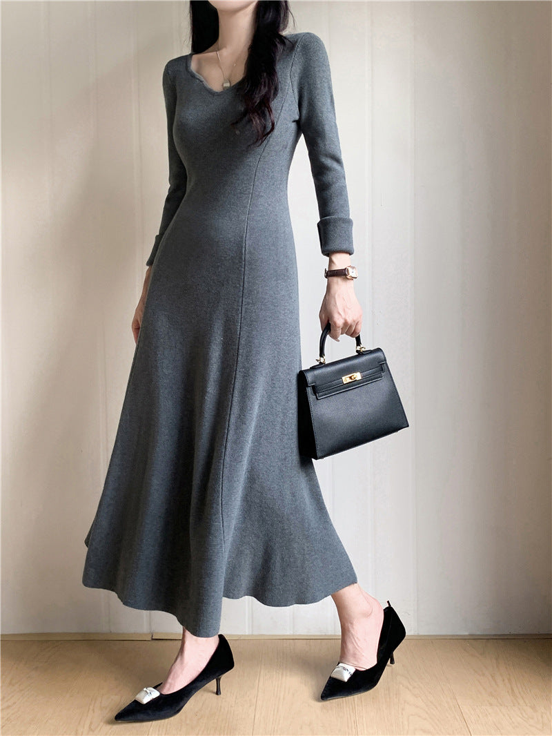 church outfit Korean Style Knitted Bottoming Knitted Dress Women's Autumn and Winter A- line Large Swing Dress