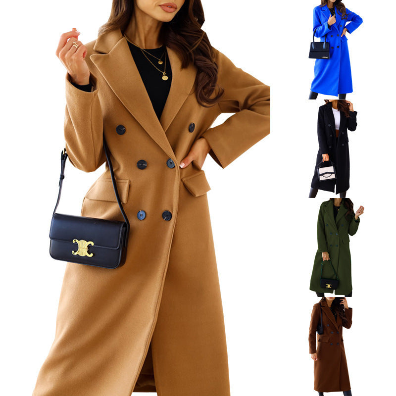 Autumn and Winter New Women's Simple Double-Breasted Long-Sleeved Lapel Button Woolen Coat