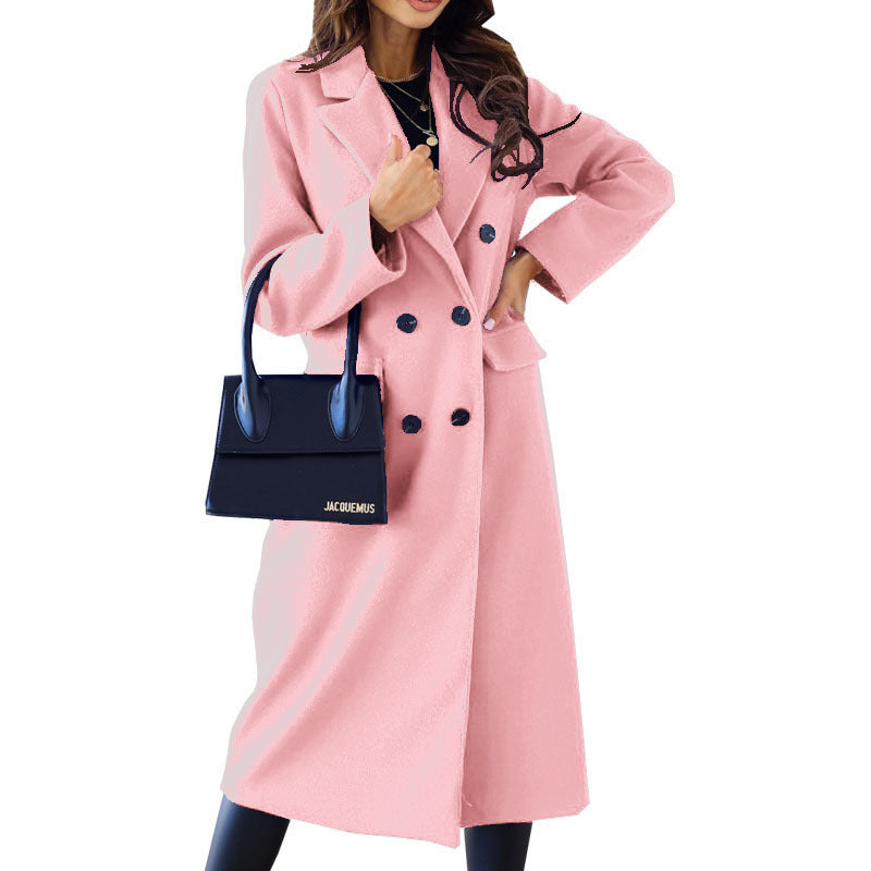 Autumn and Winter New Women's Simple Double-Breasted Long-Sleeved Lapel Button Woolen Coat