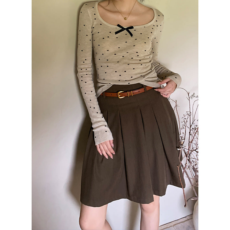 work outfits women Shirt British Autumn Retro Backtracking Wear Not Greasy A- line Wide Waist Head All-Match Pleated Half Skirt