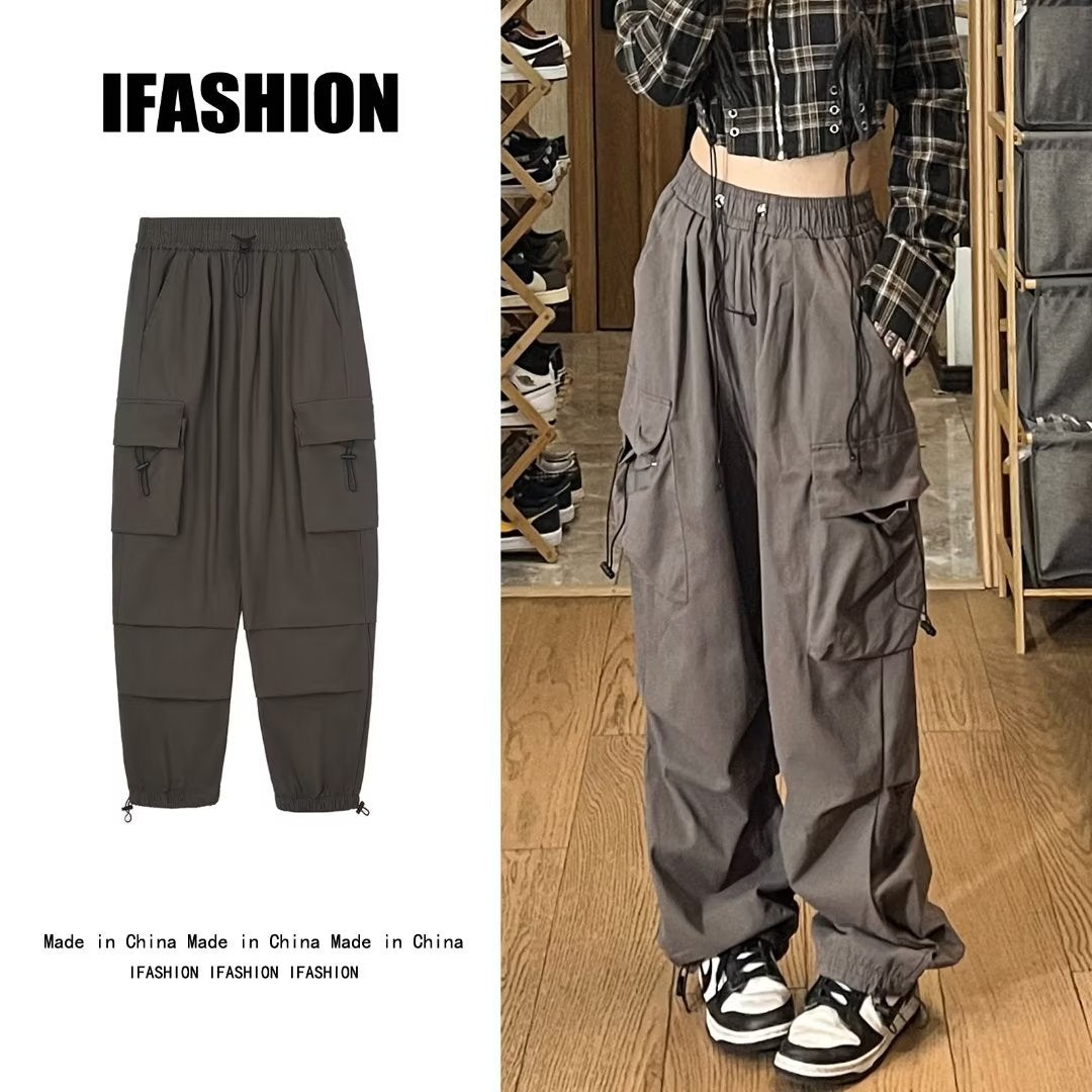 tomboy outfit Spring Drawstring Ankle-Tied Men's Japanese Retro Loose Large Pocket Straight Overalls Wide Leg Pants Simple All-Match