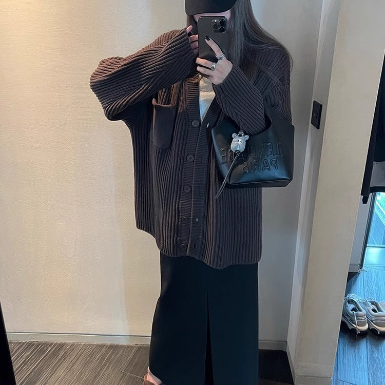 grunge outfits Chocolate Maillard Lazy Hanging Fashion Trendy Sweater Coat Women's Thickened Loose Knitted Cardigan Autumn and Winter