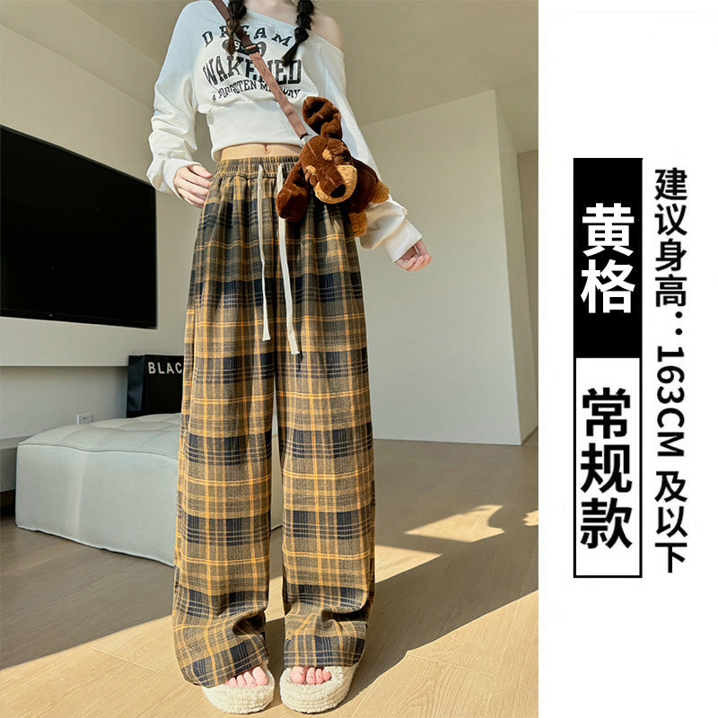 fall outfits aesthetic Retro Plaid Pants Women's Straight Pants Autumn and Winter New Brushed American Casual Pants High Waist Slimming Narrow Wide Leg Pants