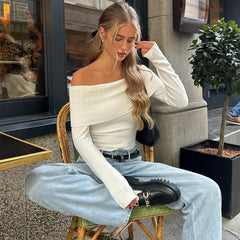 dream clothes Women's Gentle Style Fashion Street off-Shoulder Thread Knitted Sexy Slimming Long-Sleeved Top for Women