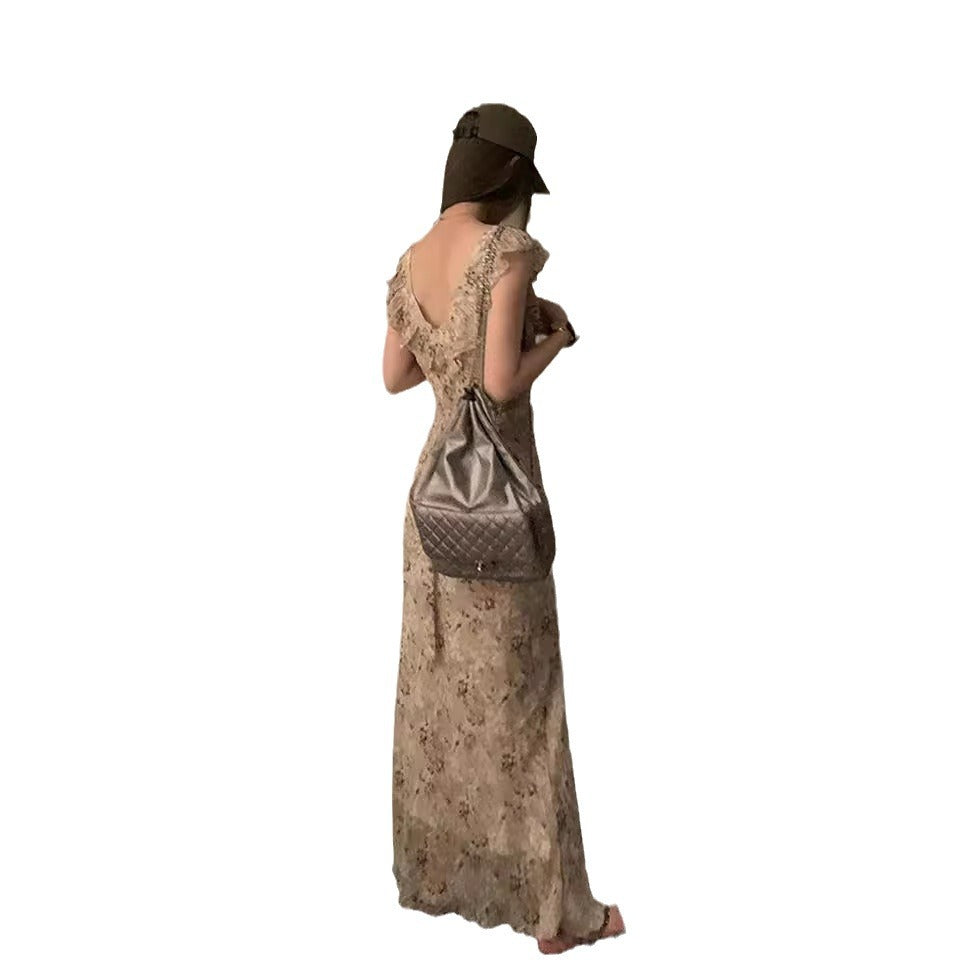 dresses French Retro Floral Chiffon Dress Women's Summer Slimming Ruffled Bell Sleeve Long Dress