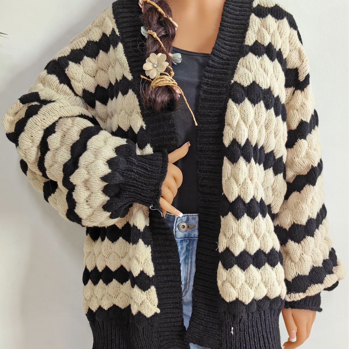 sambas outfits Women's Sweater Coat Women's Pineapple Three-Dimensional Contrast Color Stitching Striped Sweater Cardigan