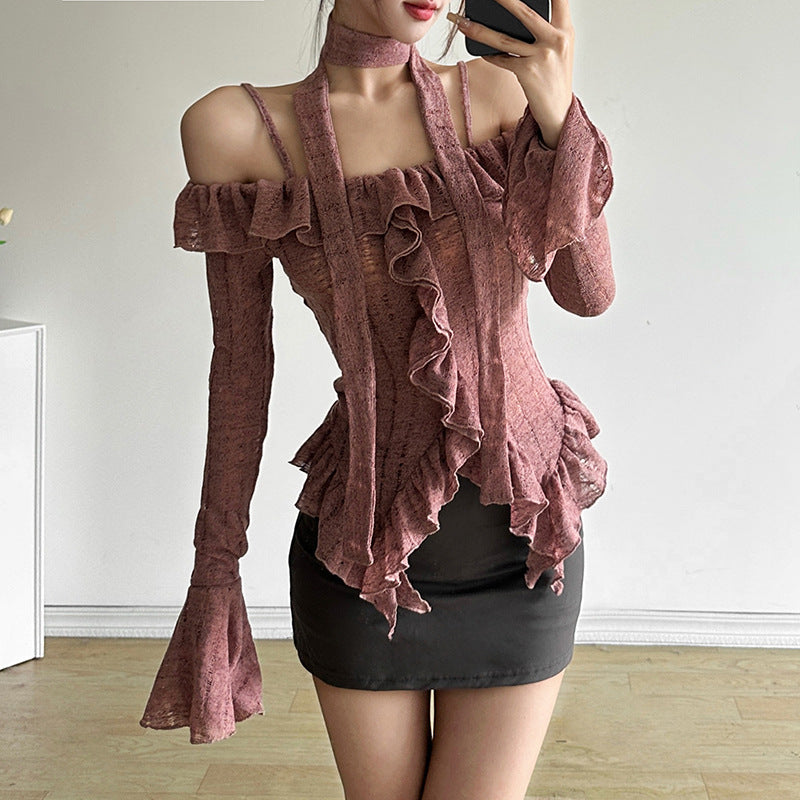 trashy outfits Style Autumn Solid Color Sexy off-Neck Long Sleeve Slim Fit Wooden Ear T-shirt