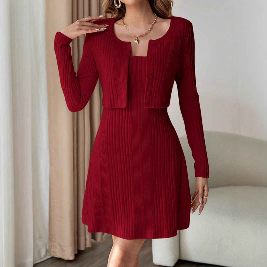 fall outfit Fashion Suit Autumn and Winter Shawl Long Sleeve Outer Vest Short Skirt Slim Fit Two-Piece Set