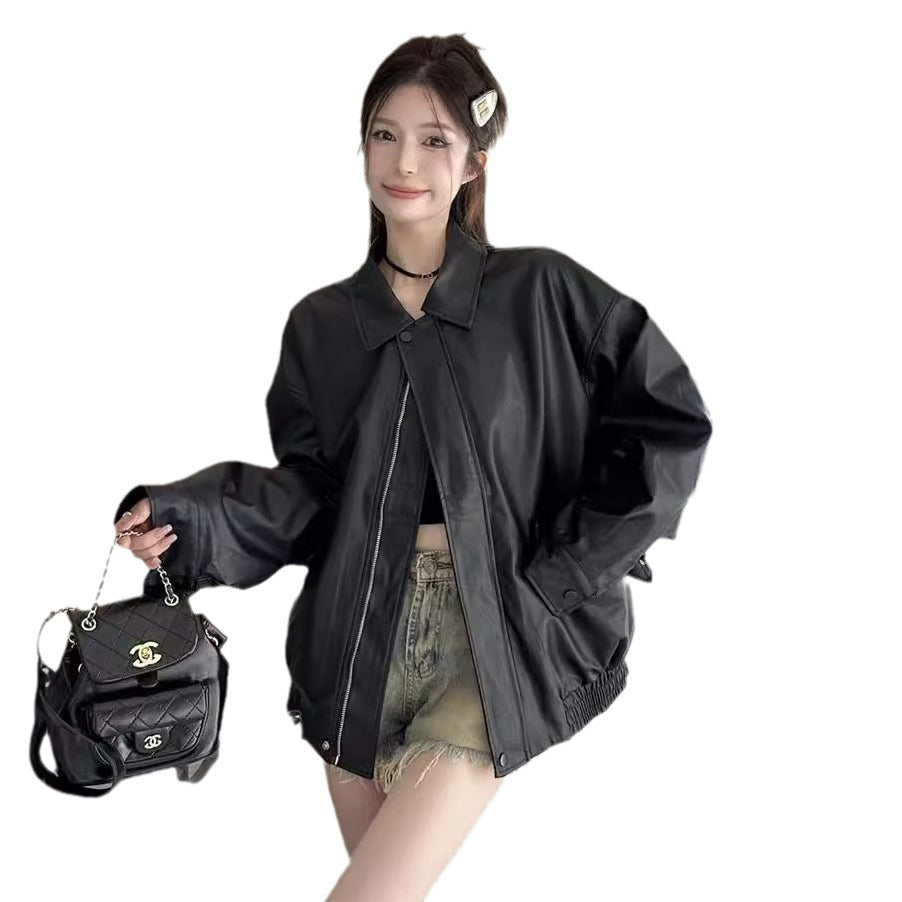 y2k outfits Retro American-Style Brown Leather Jacket Women's Autumn Black Sweet Cool Motorcycle PU Leather Loose Long-Sleeved Top