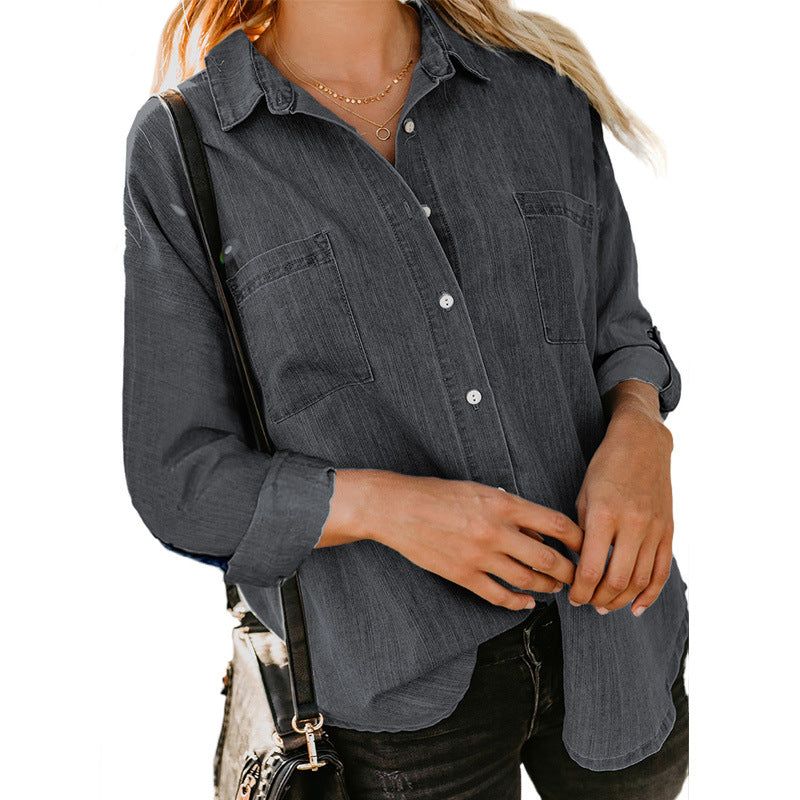 Women's Denim Shirt Spring and Autumn New Loose Double Pocket Long Sleeve All-Match Casual Coat Shirt