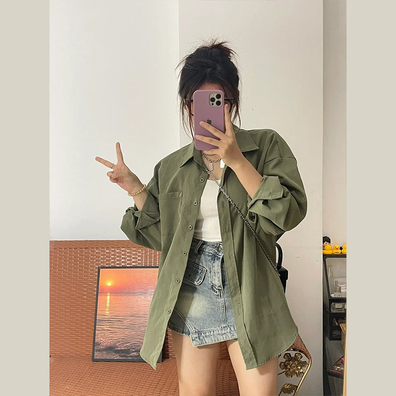 outfit ideas Retro Green Shirt Cardigan Coat for Women Spring and Autumn New Loose Long Sleeve Loose Top Shirt