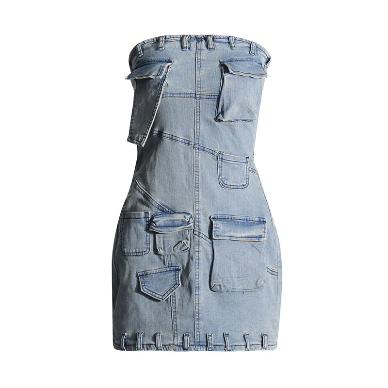 outfit inspo Personalized Street Denim Hip Skirt Spring New Solid Color Stitching Multi-Pocket Tube Top High Waist Dress Women
