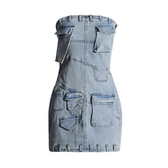 outfit inspo Personalized Street Denim Hip Skirt Spring New Solid Color Stitching Multi-Pocket Tube Top High Waist Dress Women