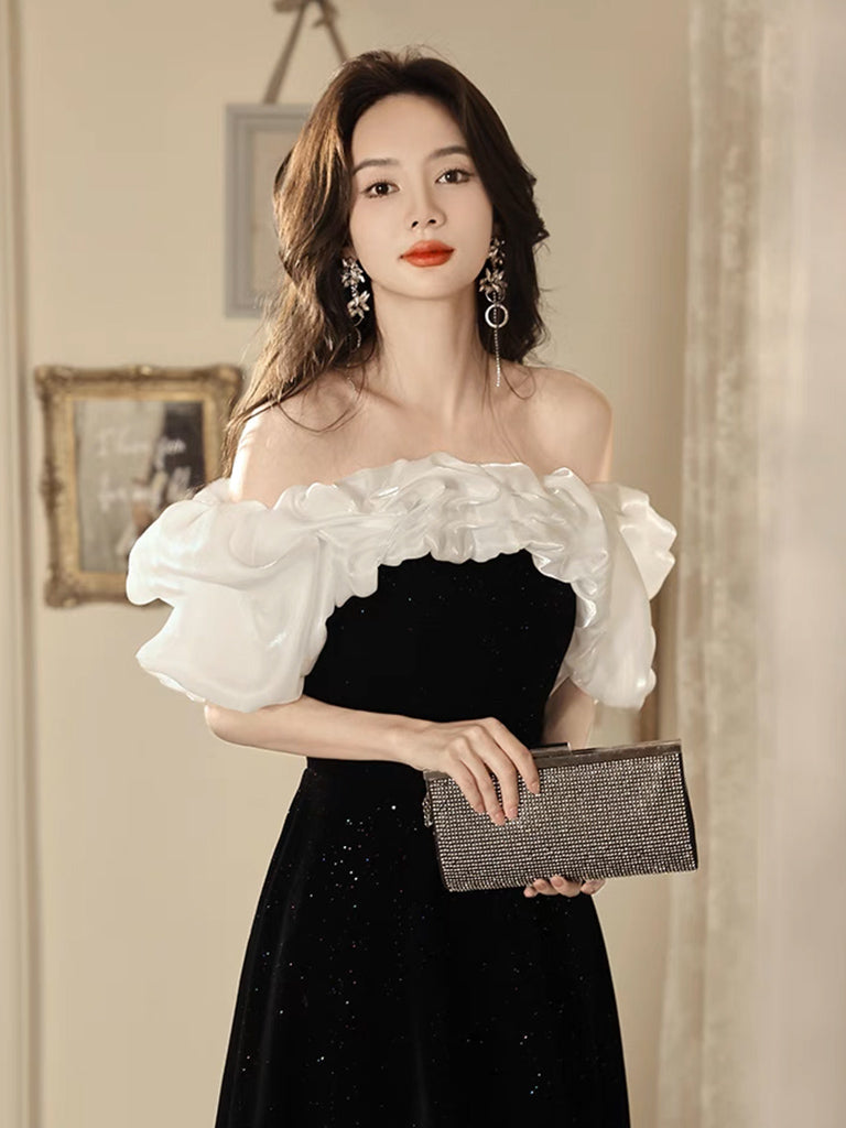 BXOXO A-Line Off Shoulder Velvet Black Long Prom Dress, Black Long Evening Dress