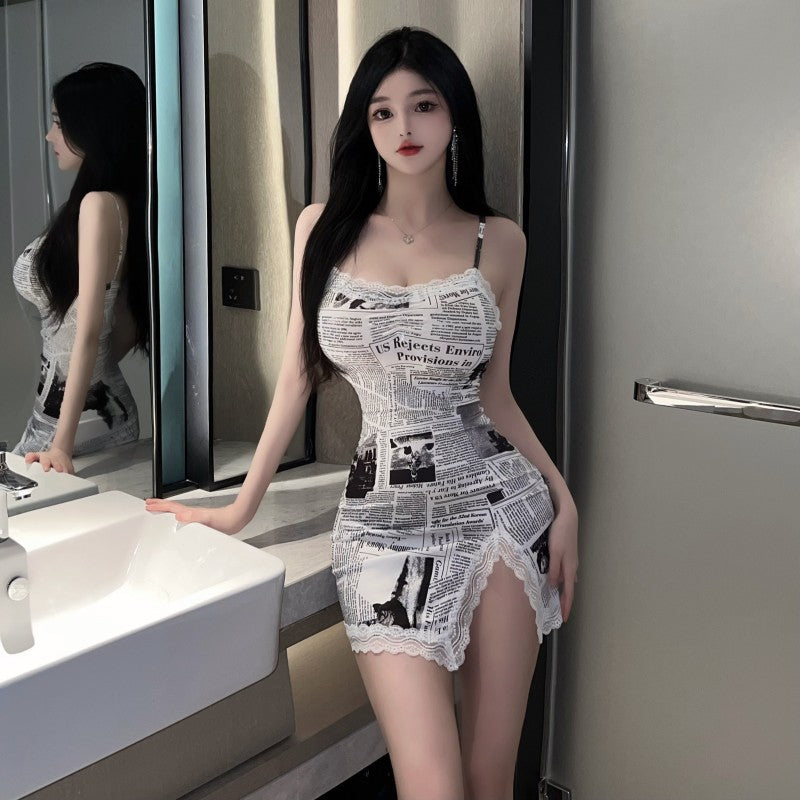 2000s fashion Sexy Hot Girl Design Newspaper Print Lace Edge Split Suspender Skirt Slim Fit Sheath Dress Women