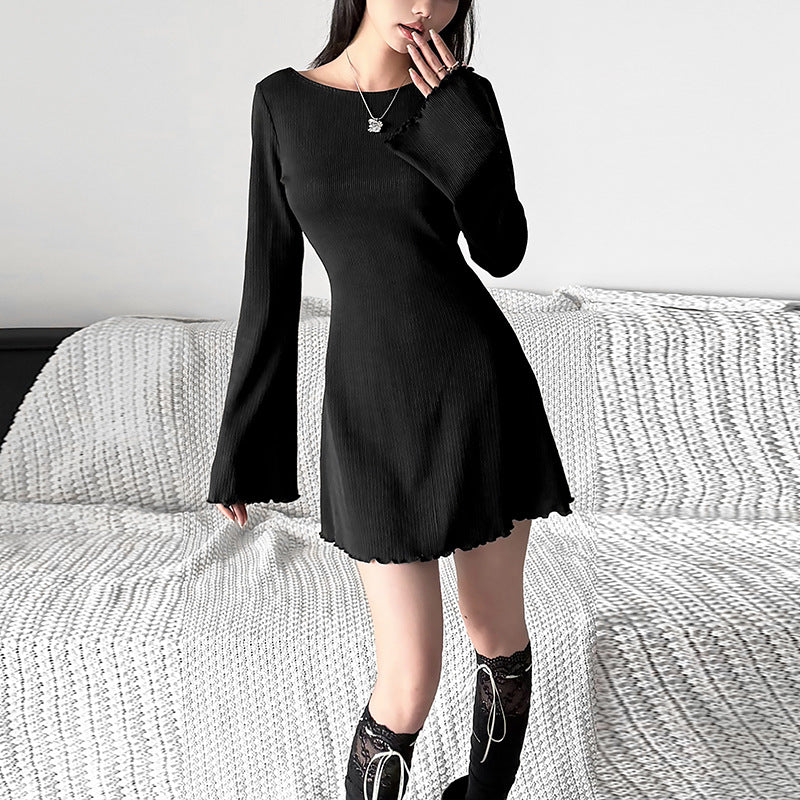 leapord halloween outfit Style Autumn Women's Clothing Solid Color Slim High Waist Fashion round Neck Long Sleeve Backless Dress