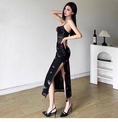 Printed Suspender Dress with Slits HOT1397