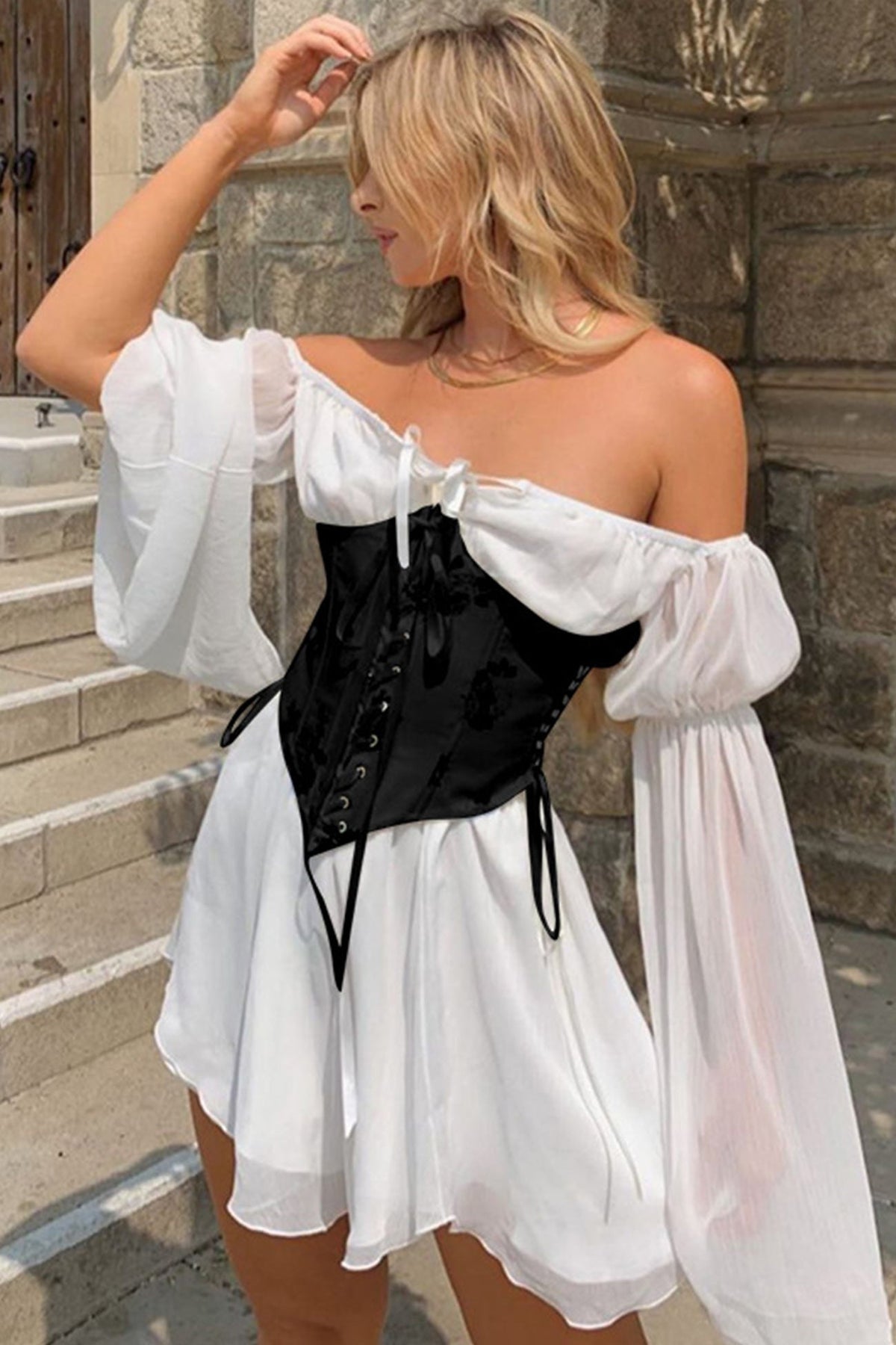 BXOXO - Off Shoulder Lace-up Corset Ruched Dress