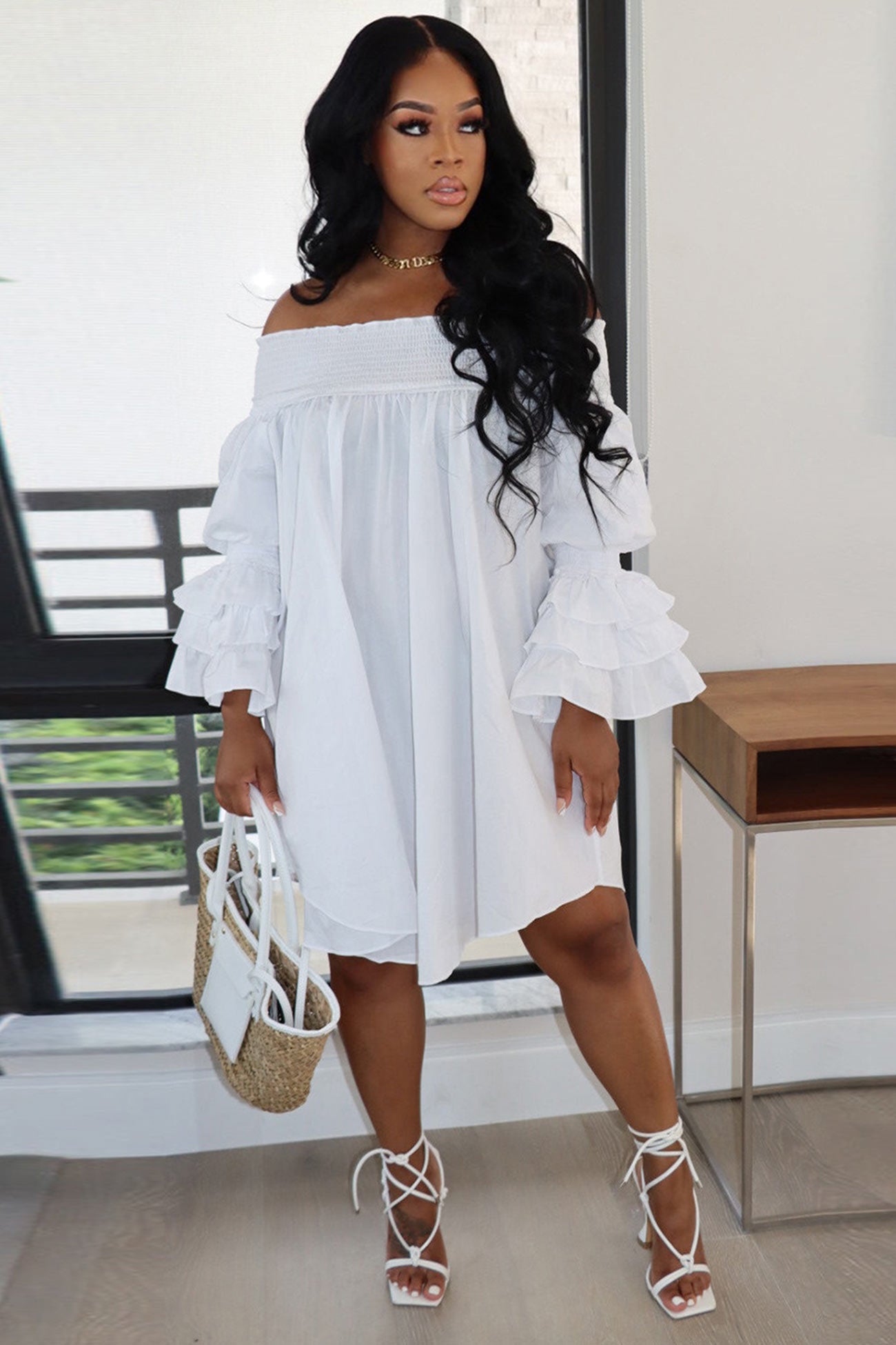 BXOXO - Off Shoulder Tiered Puff Sleeve Loose Dress