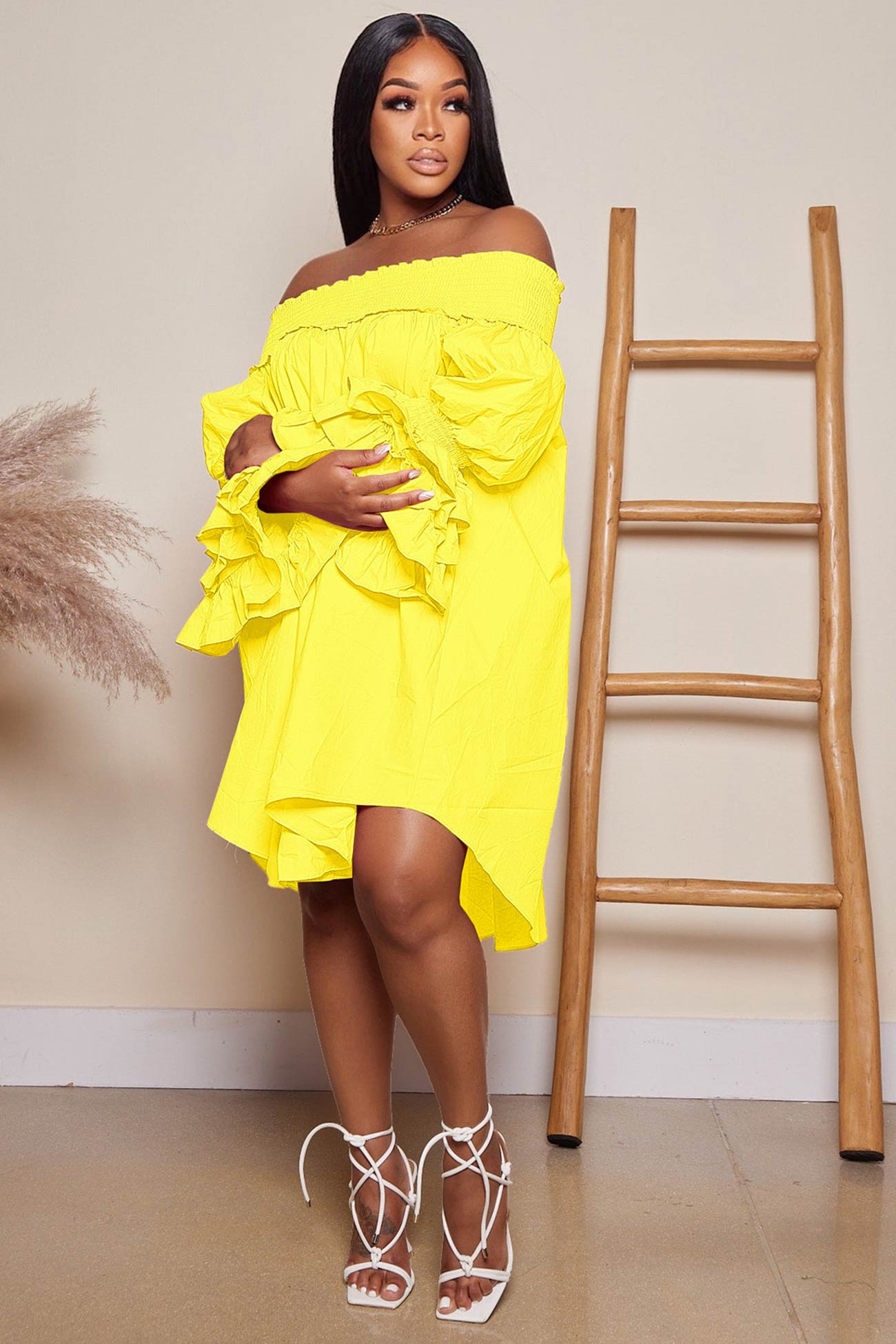 BXOXO - Off Shoulder Tiered Puff Sleeve Loose Dress