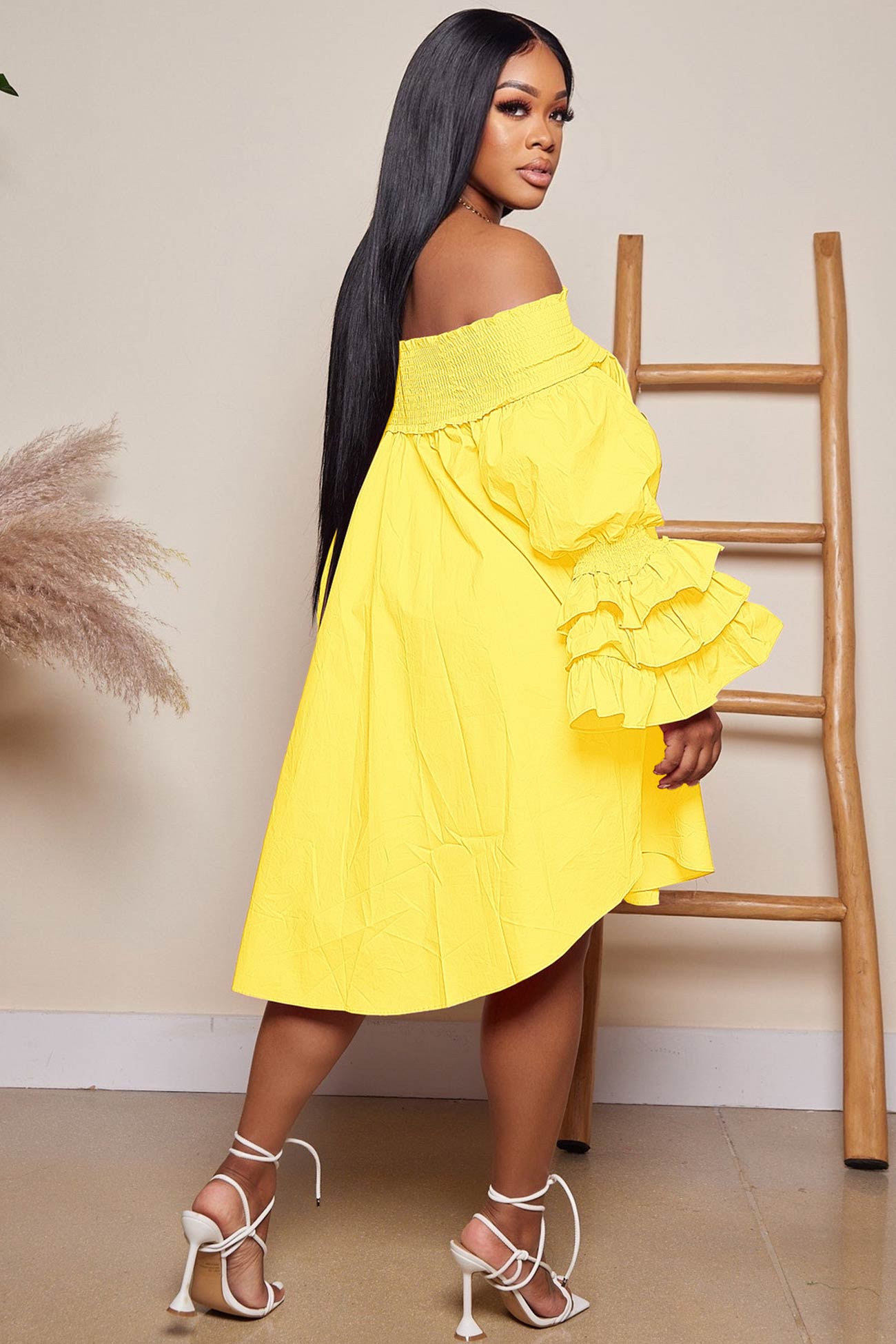 BXOXO - Off Shoulder Tiered Puff Sleeve Loose Dress