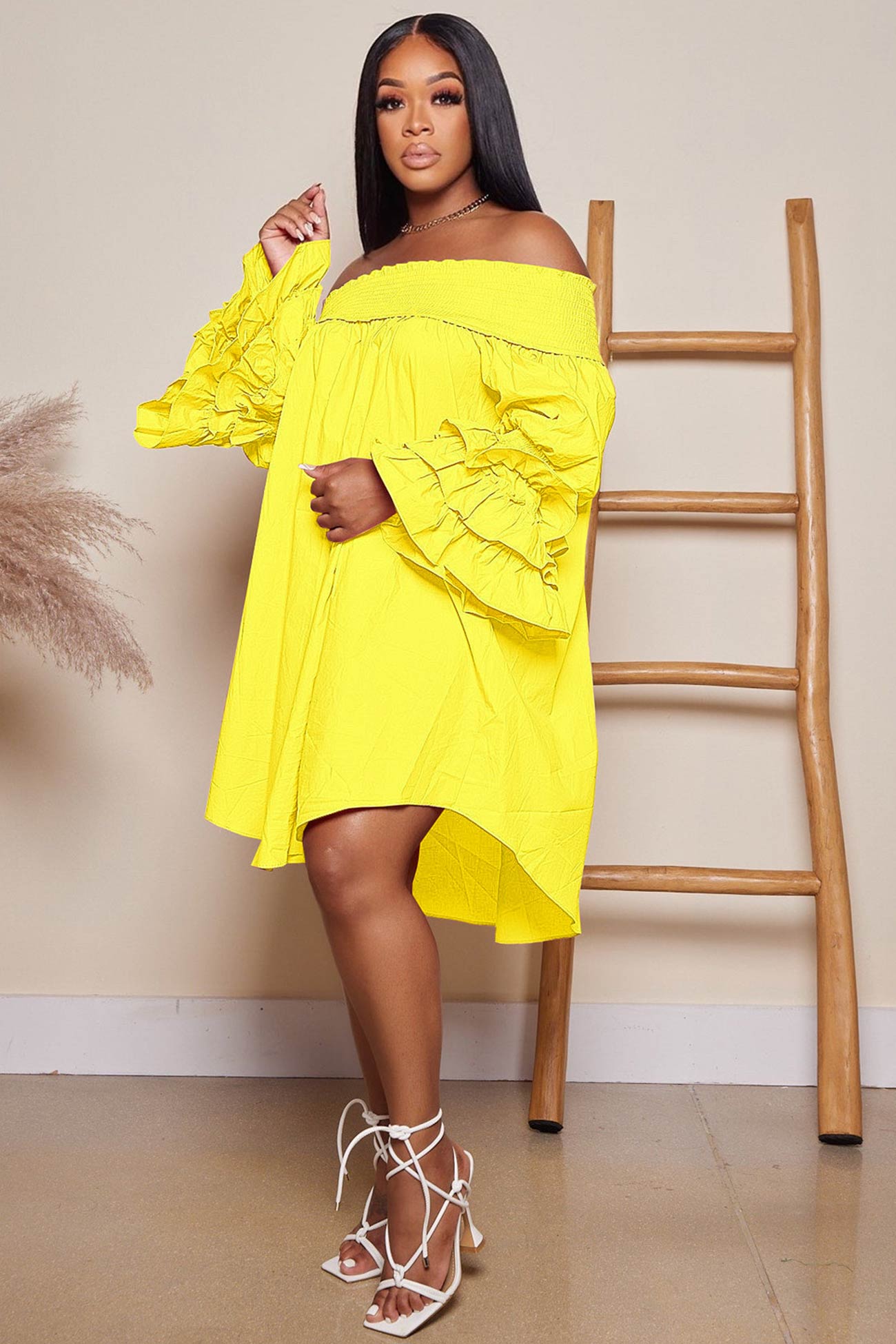 BXOXO - Off Shoulder Tiered Puff Sleeve Loose Dress