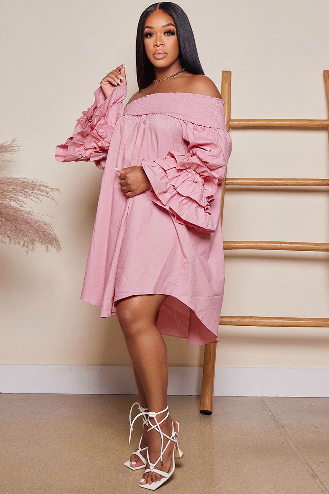 BXOXO - Off Shoulder Tiered Puff Sleeve Loose Dress
