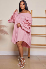BXOXO - Off Shoulder Tiered Puff Sleeve Loose Dress
