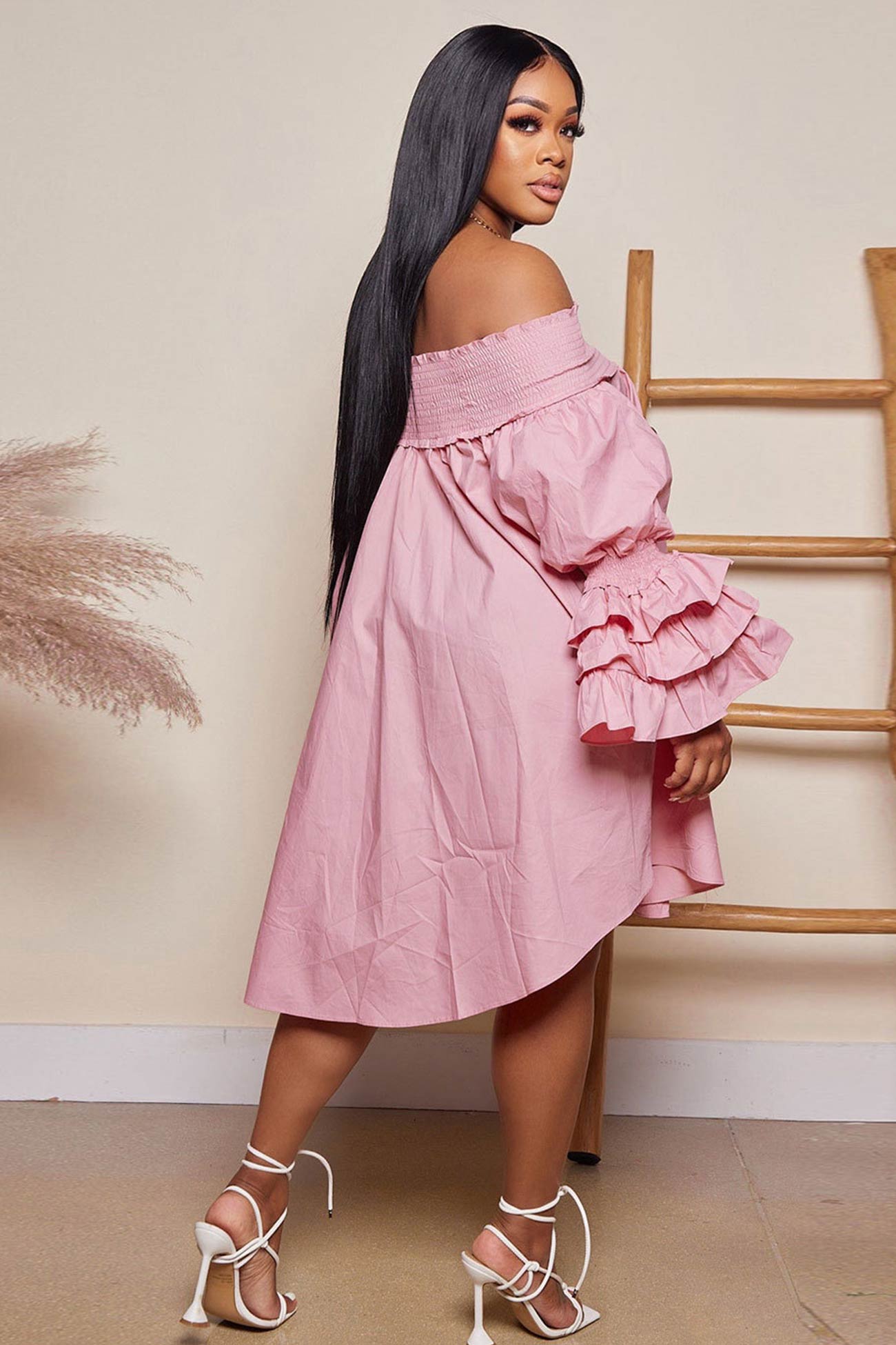 BXOXO - Off Shoulder Tiered Puff Sleeve Loose Dress