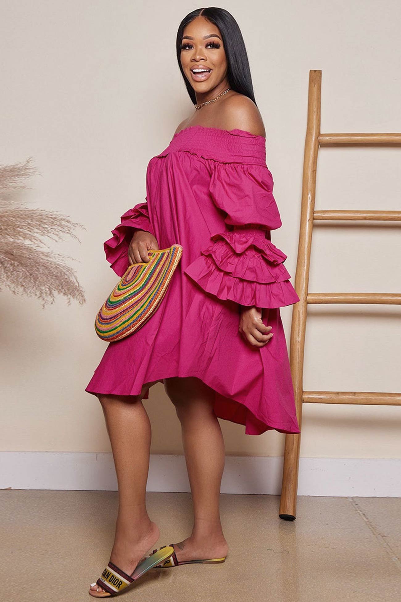 BXOXO - Off Shoulder Tiered Puff Sleeve Loose Dress