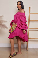 BXOXO - Off Shoulder Tiered Puff Sleeve Loose Dress