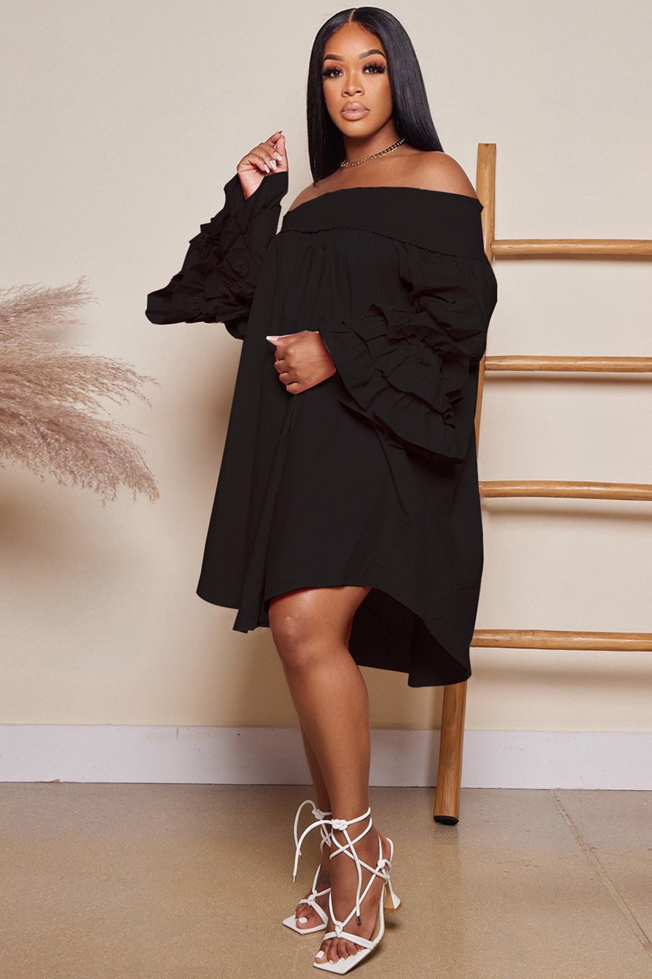 BXOXO - Off Shoulder Tiered Puff Sleeve Loose Dress