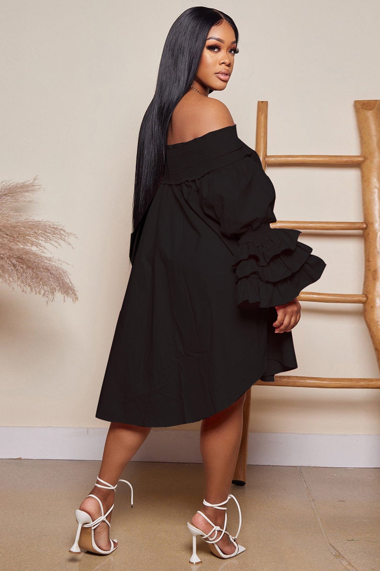 BXOXO - Off Shoulder Tiered Puff Sleeve Loose Dress