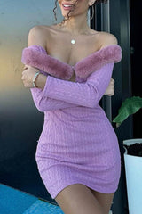 BXOXO - Off-shoulder Fur Collar Cutout Pack Hip Dress